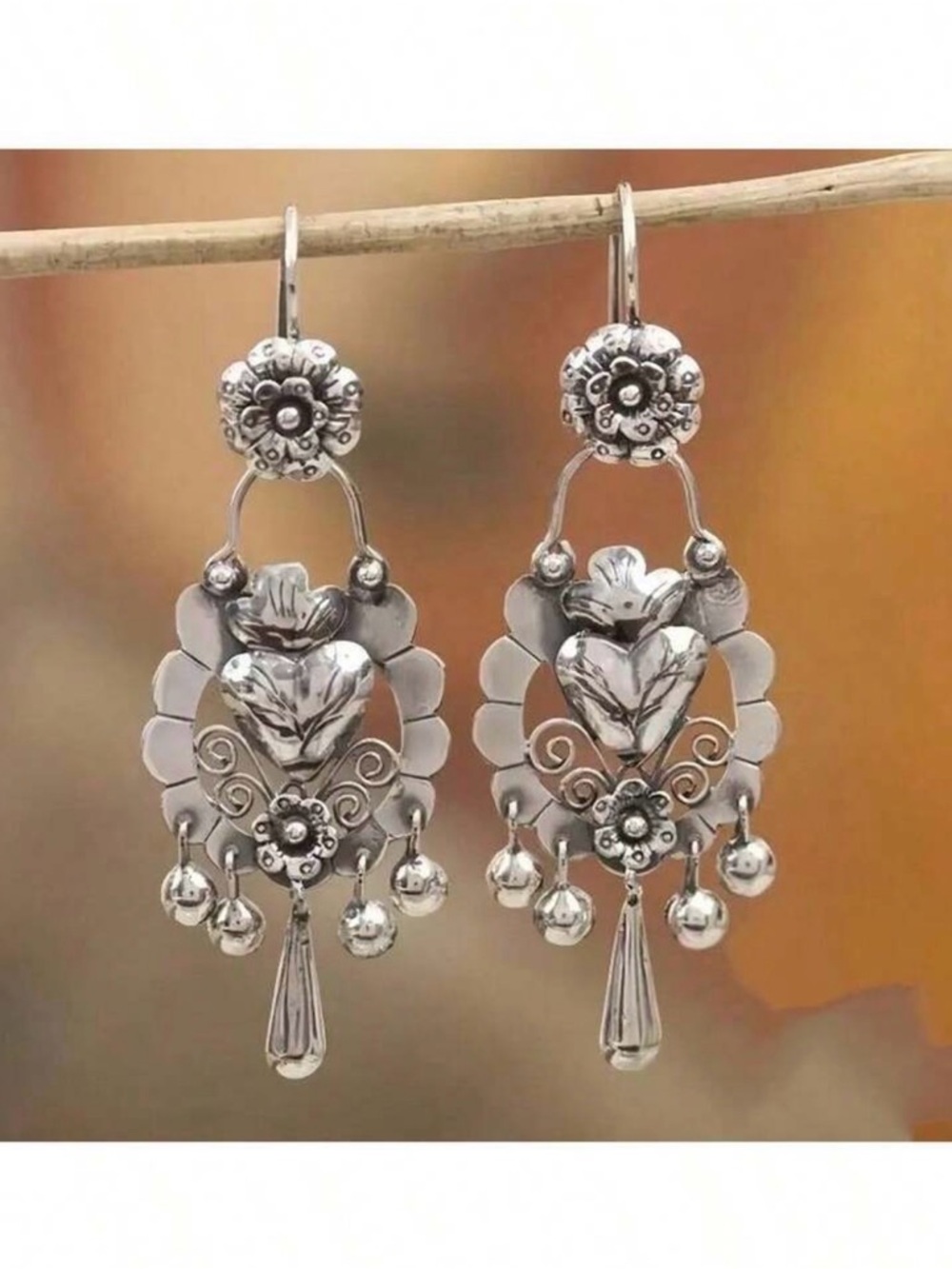 Silver Floral Heart Dangle Earrings